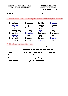 Đề kiểm tra 15 phút số 1 môn Tiếng Anh Lớp 9 - Năm học 2015-2016